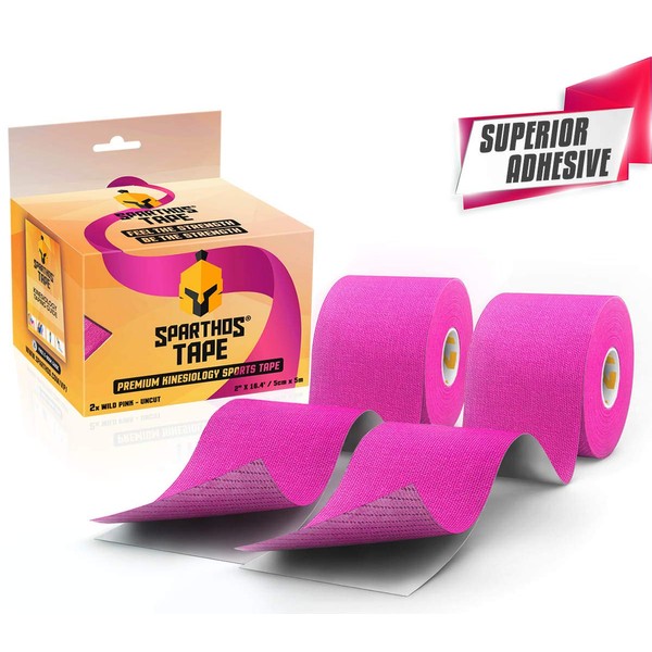Sparthos Tape Kinesiology Tape (Pack of 2) - Incredible Support for Athletic Sports and Recovery - Free Kinesio Taping Guide! - Wrap Neck Body Pain Skin Strips Rock Medical - Uncut (2X Wild Pink)
