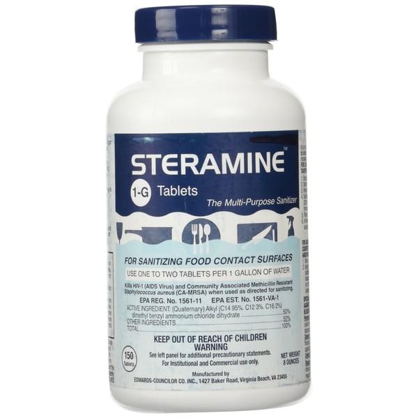 1 X Steramine Quaternary Sanitizing Tablets - 150 Sanitizer Tablets per Bottle