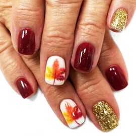 Fall Maple Press on Nails Thanksgiving Maple False Nails 24 Pcs Glossy Gold Glitter Acrylic Fake Nails Maple Gel Glue on Short Square Nails for Manicure Leaves Stick on Nails for Coquette Women Girls