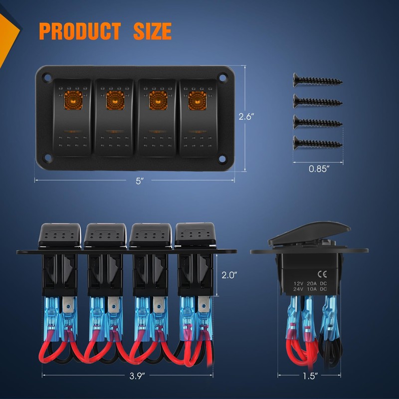 Nilight 4 Gang Rocker Switch Panel with Orange LED Light
