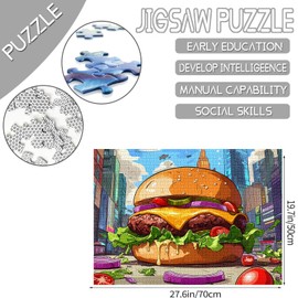 America Food Puzzles 1000 Pieces for Adults,Families(Lange Hamburger,Tomato,Onion,Cheese,Beef) Pieces Fit Together Perfectly 19.7''x27.6''inch Cityscape Frameable Magic Puzzle Art Gift(Colorful)