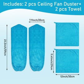 4 PCS Ceiling Fan Duster Kits,100% Microfibre Fan Blade Cleaner for high Ceiling Fan Blades.Machine Washable and Reusable,Includes 2 Ceiling Fan dusters and 2 Microfibre Towels (Blue)