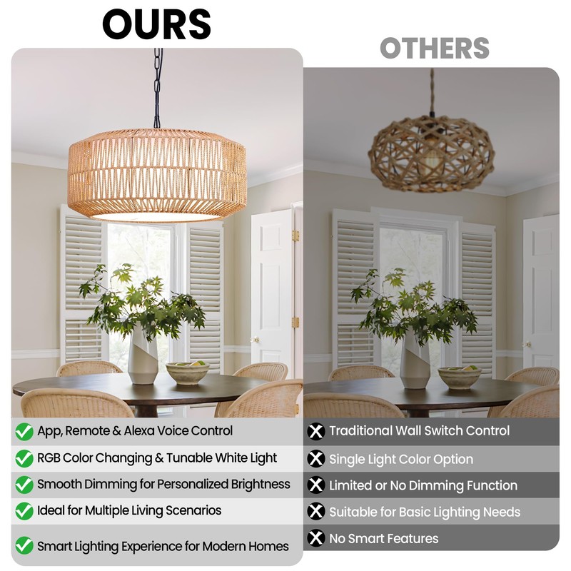 Lovefindahome Large Handwoven Rattan Pendant Light, Boho Wicker Chandelier for