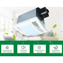 Bathroom Fan with Light Ultra Quiet 90CFM 1.5Sone Ventilation Fan Exhaust Fan with LED Light（12W E26 Base LED Bulb Included）Akicon