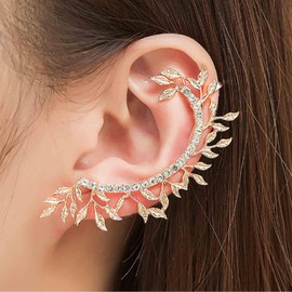 Aneneiceera Boho Crystal Leaf Cuff Wrap Earrings Gold Rhinestone Leaf Climber Earrings Long CZ Leaf Wrap Earrings Gothic Cuff Crawler Earrings Jewellery for Women and Girls, Zinc, No Gemstone