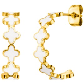 Razzberry Gold Plated Stainless Steel Four Leaf Clover Hoop Earrings, 2cm Drop, Waterproof Hypoallergenic, included Gift Pouch (White)