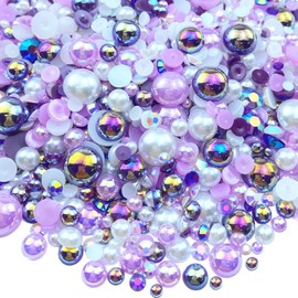 50g Mix Flatback Resin Rhinestones Half Round Pearls Mixed Size 3mm-10mm AB Color Half Pearls Resin Rhinestones for DIY Craft Nail Art Shoes Clothes Tumblers Scrapbooking (Purple/White Series)