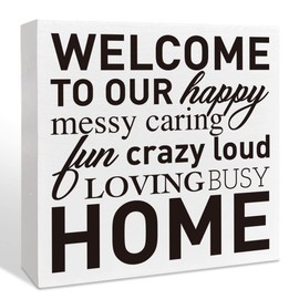 Inspirational Home Wooden Box Sign, Welcome to Our Happy Messy Home, Home Living Room Entryway Decor, Motivational Home Desk Farmhouse Decorations, Housewarming Gifts for New Home House Women Men
