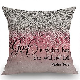 Swono Bible Verse Throw Pillow Cover Psalm 46:5 God is Within Her,She Will not Fail Farmhouse Cushion Case for Sofa Couch 18x18 Inches Cotton Linen