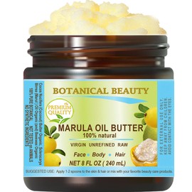 Botanical Beauty MARULA OIL BUTTER RAW VIRGIN UNREFINED for Face, Body, Hair, Lip, Nails, Dry Skin, Cracked Hands, Rosacea, Eczema, Rashes, Itchiness, Redness, Anti-Aging (8 Fl Oz)
