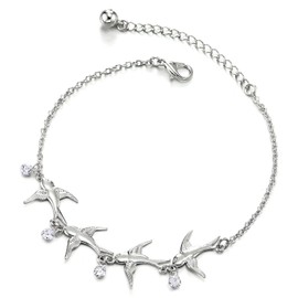 COOLSTEELANDBEYOND Stainless Steel Women's Link Chain Anklet with Charms Swallow Adjustable, 22.5 cm, Stainless Steel, Cubic Zirconia