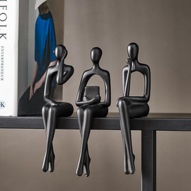Black Thinker Statues Home Decorations for Living Room, 3 Pieces Shelf Decor Accents, Modern Aesthetic Abstract Art Sculptures for Coffee Table, TV Cabinet, Desk, Bookshelf Decoration (Black)