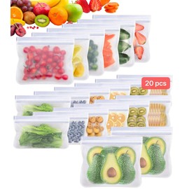 RUISTLI Bolsas Reutilizables para Alimentos 20 Piezas,Bolsas Reutilizables con Cremallera,Bolsas de Silicona Reutilizables Sin BPA,para Sándwich,Aperitivos,Carne,Verduras,Frutas,etc