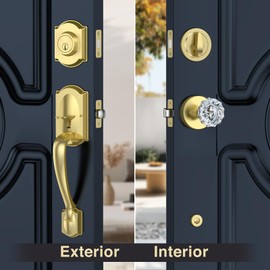 Vintage Front Door Handle and Deadbolt Set, Gold Front Door Lock Set with Crystal Glass Door Knob, Entry Door Lock Set with Single Cylinder, Reversible for Right & Left