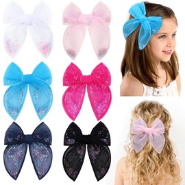 6 PCS Tulle Hair Bows for Girls, CN Toddler Bows with Glitter Star Alligator, Colorful Hair Barrettes Wedding Hair Accessories for Baby Girls Infants Toddler Teens Party (Type B)