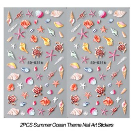 2pcs Summer Nail Stickers Starfish Seashell Turtle 5D Acrylic Engraved Nail Decals Ocean Theme Self-Adhesive Sliders Beach Nail Stickers for Women Girl Manicure Decoration Nails Supplies