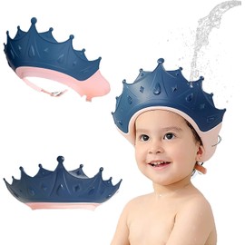 Gorro de Ducha para Niños, Gorro de Lavado de Pelo para Niños, Gorro de Baño para Bebe, Gorro de Ducha de Silicona Suave con Protección para Los Oídos y Los Ojos, de Longitud Ajustable Gorro de champú en Forma de Corona (Azul)