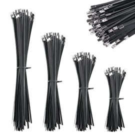Deecam Black Metal Zip Ties 200 Pcs, Multi-Size 304 Stainless Steel Heavy Duty Cable Ties, Self Locking Zip Ties for Exhaust Wrap, Farms, Pipes, Fence, Wires