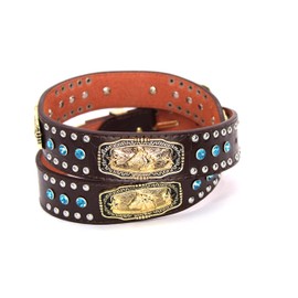 West Star Concho Genuine Leather Belt Mens Women Western Cowboy Leather Belt-Horse Coffee Blue M