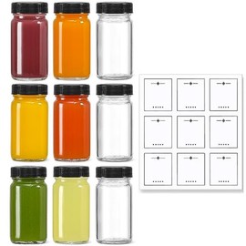 15 Pack 2 oz Glass Shot Mini Bottles  & 15 Labels - Small Clear Jar for Ginger, Juice- Travel Essentials - Wide Mouth, Leakproof, Dishwasher Safe - Color: Black Lids