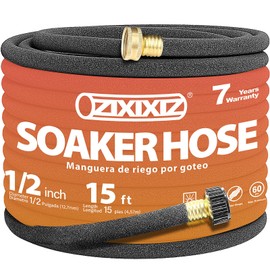 Zixixiz 15FT Heavy-Duty 1/2 Inch Soaker Hose with 3/4 Inch Solid Brass Connector - Leakproof Garden Watering System for Gardens, Lawns, Flower & Vegetable Beds
