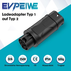 EVPEIWE EV Charging Cable Adapter Type 1 to Type 2, 32A EV Adapter Type 1 to Type 2 Portable Electric Vehicle Charger Converter for Charging Stations, SAE J1772 to IEC62196, IP54 with Storage Bag