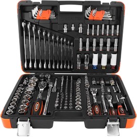 REALTEK 178 Pieces Socket Wrench Set 1/4"3/8"1/2",CR-V Metric Wrench Set with Extension Bar,Quick-Release Ratchet Wrench with Bit Socket Set for Auto Repairing,Household and Workshop,Durable Tool Box