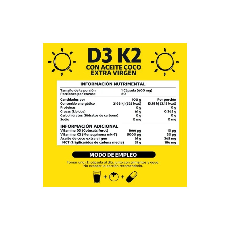 Vitamina D3 + Vitamina K2 con Aceite de Coco Extra
