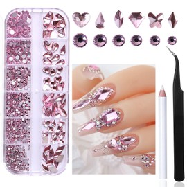 Lismyakey Nail Art Parts, Nail Rhinestones, Nail Stones, 3D, Diamond Shape, Heart, Rectangular, Round, Nail Art Parts, Nail Decoration, Handmade Material, Craft Parts, DIY Nail Decoration, 2 Tweezers