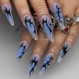MERVF Press on Nails Long Stiletto Blue Aura Fake Nails Gothic Glue ons Acrylic Nail Flame Fire Design Manicure Supplies Matte 24pcs