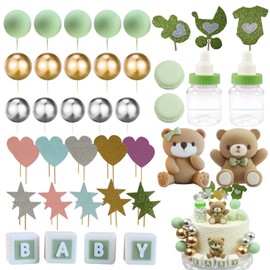 Scawim - Decoración para tartas de oso pequeño, diseño de oso 3D, 48 piezas, decoración para cupcakes, suministros para fiestas, diseño bohemio y mini revelación de género (verde)