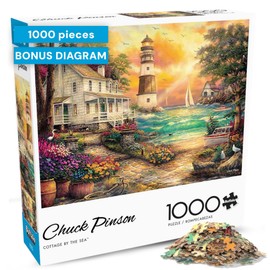 Buffalo Games - Chuck Pinson - Cottage by the Sea - 1000 Piece Puzzle for Adults, Serene Lighthouse Jigsaw with Poster, Premium Scenic Puzzle for Game Nights
