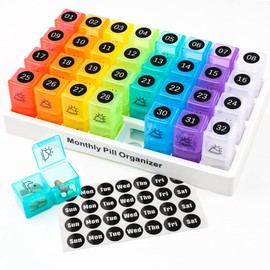 Newthinking Monthly Pill Box Organiser, Large Capacity Am Pm Pill Box Case with 32 Removable Compartments and Marking Stickers, Tablet Organiser Twice a Day for Pills and Fish Oil, Vitamins