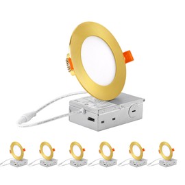 ZYC recessed Lighting 4 inch - 6Pack 9W 800LM High Brightness,5CCT 2700K/3000K/3500K/4000K/5000K Selectable,Ultra-Thin LED Recessed Ceiling Light,Dimmable Canless Wafer Downlight,Pack of 6 Gold.