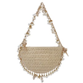 Comeon Women Straw Shoulder Handbag Pearl Conch Summer Beach Bag Chic Hand-Woven Straw Clutch Purse for Wedding Vacation