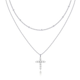 PAVOI Rhodium Plated Layered Cross Pendant Necklace | Layering Necklaces for Women | Dainty Minimalist Design Pendant (Cross, White Plated)