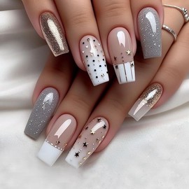 24pcs Long Coffin False Nails Gold Silver Glitter Press on Nails French Tip White Edge Fake Nails Star Stick on Nails Removable Glue-on Acrylic Full Cover Nails Women Girls Nail Art Accessories