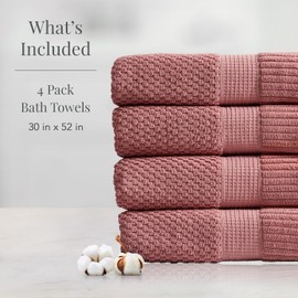 NY Loft 100% Cotton Bath Towel 4 Pack | Super Soft & Absorbent Quick-Dry Bath Towels 30" x 52" | Textured and Durable Cotton | Premium Thick Towels | Trinity Collection (4 Pack Bath Towel, Rose)