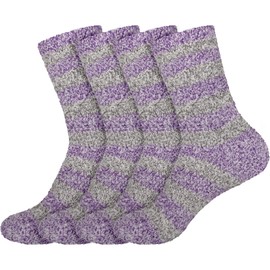BambooMN Women's Extra Large Soft Fuzzy Warm Cozy Comfy Fuzzy Plush Cute Striped Slipper Socks - Purple Grey - 4 Pairs