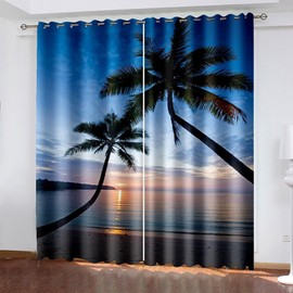 ANAZOZ Curtain for Eyelet,2 x 42W x 54H IN,Thermal Blackout Curtains 2 Piece Coconut Tree Beach and Dawn Landscape Curtains Brown Green Blue