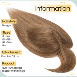 S-noilite Human Hair Toppers With Bang for Thinning Hair Women Real 130% Density Hair Topper Clip In Hair Extensions 100% Remy Real Human Hair 33g（#6 Light Brown, 10 Inch)