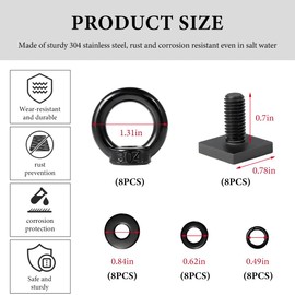 DXNQ 8 PCS T Track Mount Tie Down Anchor for Roof Rack, M8 Sturdy Stainless Steel T Slot Bolt Tie Down Rings Anchoring Kit, T Track Bolts Accessory for Holding Bungee Cord Rope Hooks (Black)