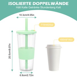2 x 710 ml Drinking Cups with Lid and Straw, Bubble Tea Cup with Straw, Double-Walled Insulated Plastic Cups, Reusable Tumbler Cups for Coffee Juice, Cup to Go (Beige + Light Green)