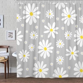 Grey Daisy Floral Shower Curtain, Cute Boho White and Gray Groovy Retro Flower Fabric Shower Curtains Set for Girls Bathroom Decorative, Aesthetic Restroom Decor Accessories with Hooks 60X72 Inch