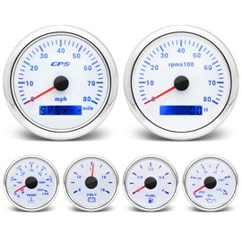 ARTILAURA 6 Gauge Set-GPS Speedometer, Tachometer, Fuel Level, Water Temperature, Oil Pressure, Voltage 7 Color Backlight Boat Gauges Set Marine Car (White)