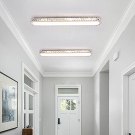 Qcyuui Dimmable LED Ceiling Light 39.4'' Kitchen Lighting Fixtures Ceiling Modern Luxury Crystal Ceiling Light with Remote Chrome Long Ceiling Light Fixture for Kitchen Dining Room Hallway,48W