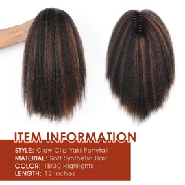 WIGNEE 12 Inches Kinky Ponytail Hair Extensions Claw Clip Yaki 1B/30 Highlights Ponytail Extension For Black Women Kinky Straight Clip In Ponytail Hair Extensions (12 Inches-Highlights)