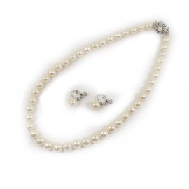 [You and My Jewelry Box] Made in Japan Premium Genuine Shell Pearl 0.3 inch (9 mm) Formal Set, White (Necklace and Earrings Set) [Gift Wrapped] White