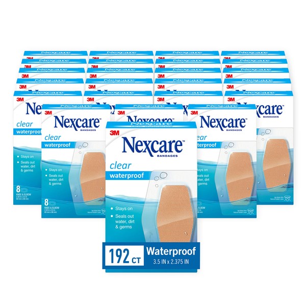 Nexcare Waterproof Clear Bandages For Knee And Elbow, Leaves Minimal Adhesive Residue On Skin When Removed, Stays On Skin In The Bath, Shower Or Pool, 2.38 x 3.5 in, 192 Count