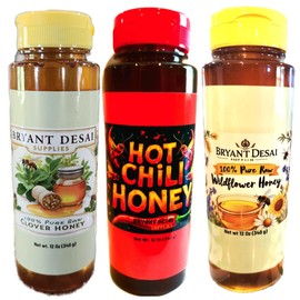 Clover Honey, Wildflower Honey, Hot chili Honey, 100% Pure, Raw,12oz, 3 Pack by BRYANT DESAI SUPPLIES